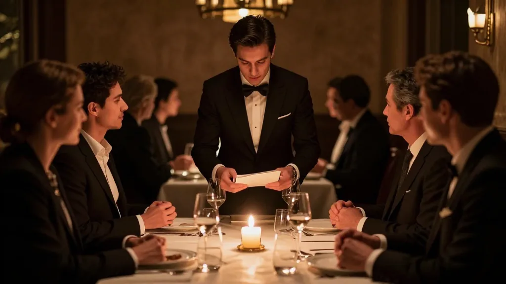 A refined server discreetly taking an order at a candlelit table while well-dressed guests converse, warm intimate low-key fine-dining lighting