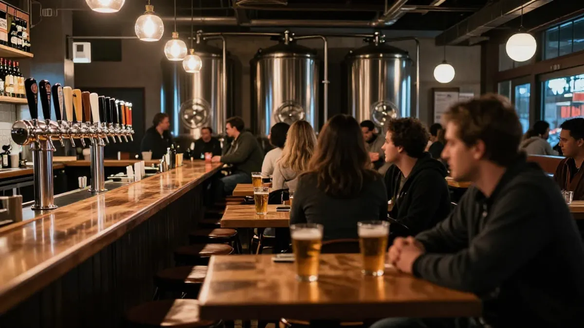 Brewpub with a long bar, beer taps and brewing tanks
