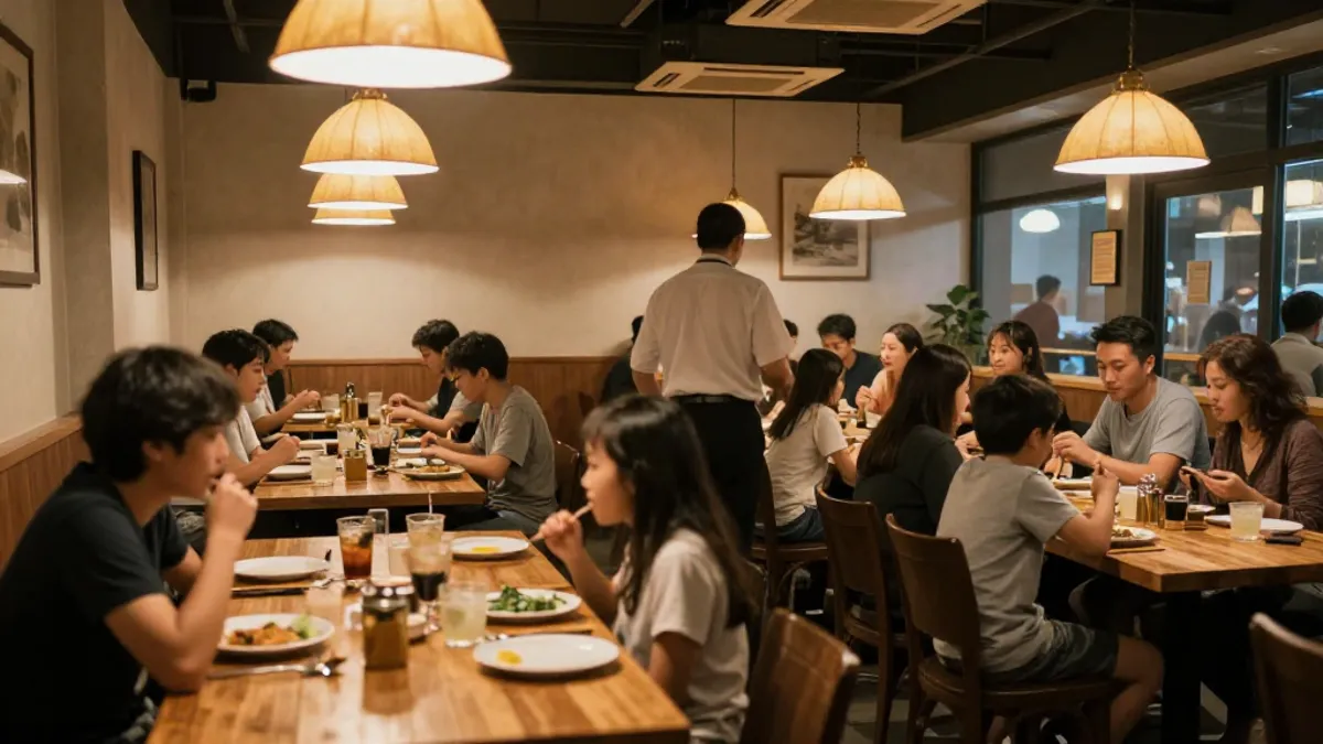 Busy casual restaurant dining room with families at wooden tables