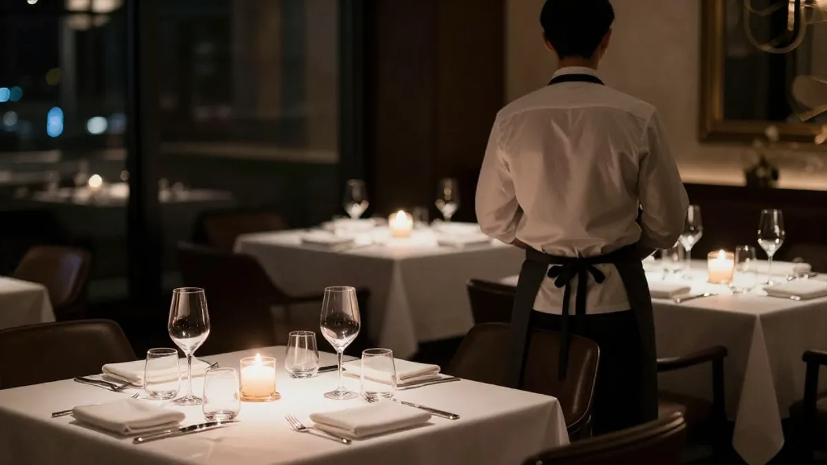 Fine dining room with white tablecloths and candlelight, a server standing by a table