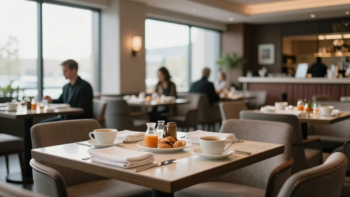 Hotel restaurant set for breakfast in morning light