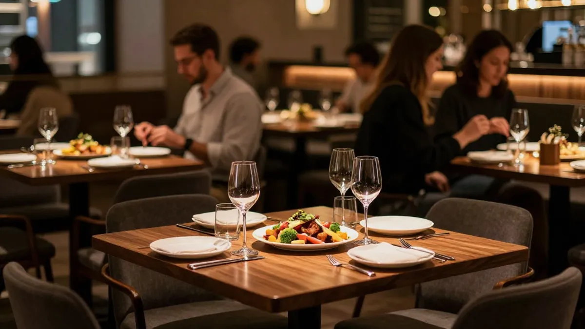 Upscale casual dining room with wine glasses and shared plates
